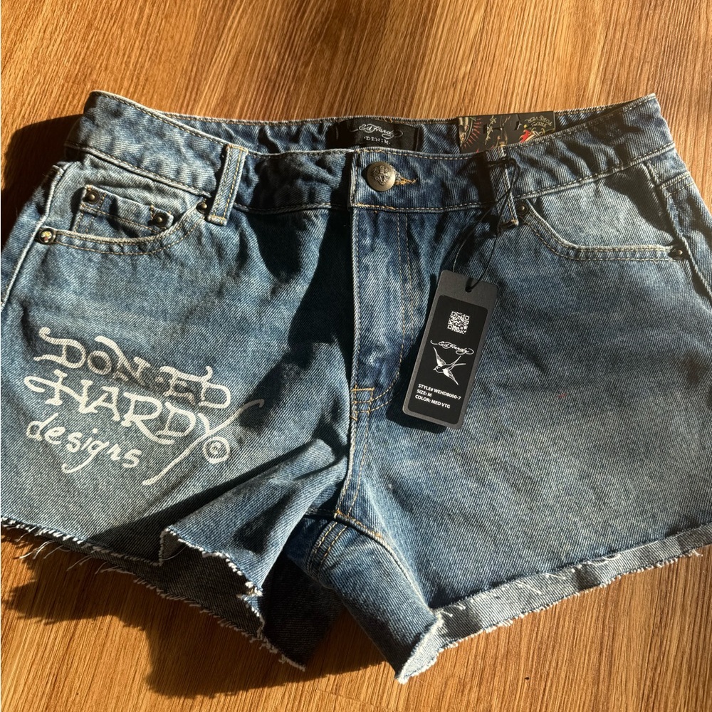 Ed Hardy Blue Denim Cutoff Shorts with Signature Logo
